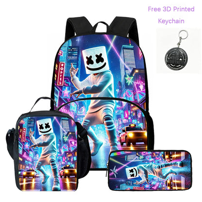 3-teiliges FORTNITE Cartoon-Schulset mit leichtem Rucksack, Fronttasche, Lunchbox und Federmäppchen für Kinder von 5-9 Jahren + kostenloser 3D-gedruckter Schlüsselanhänger