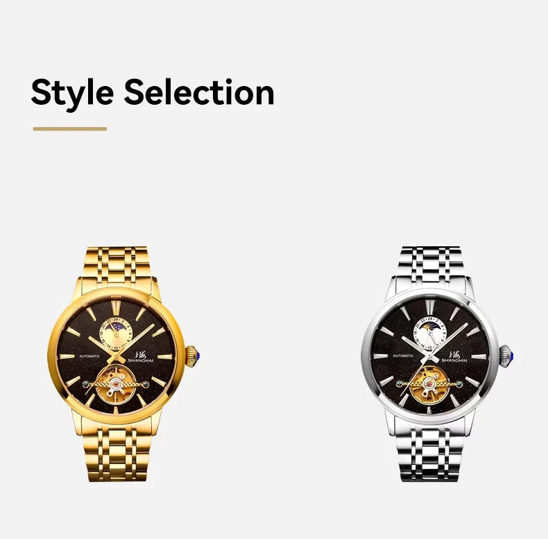 Shanghai Watch Flywheel Men's Watches Calendar Starlight Dial Automatic Mechanical Wristwatch 316L Stainless Steel Clock S8609