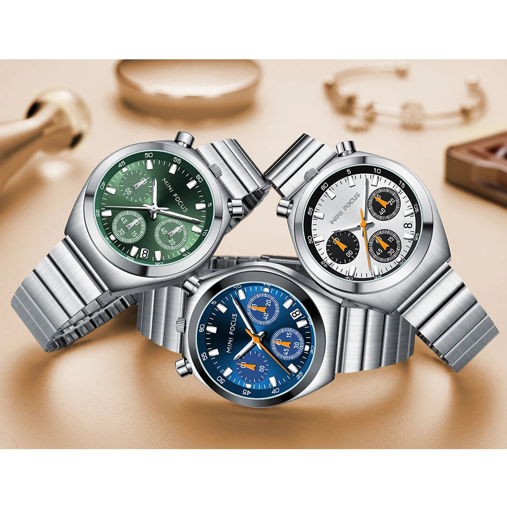 MINI FOCUS Women’s Luxury Quartz Watch – Stainless Steel Strap, Multifunction Dial & Luminous Design