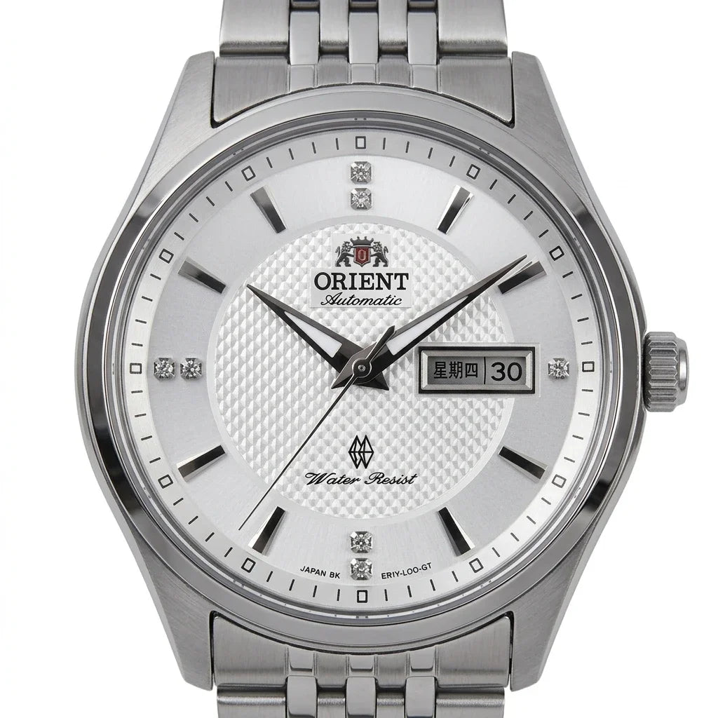 Montre mécanique automatique pour homme Orient, avec double calendrier (date et jour de la semaine), index en cristal et bracelet en acier inoxydable – Montre-bracelet de style professionnel