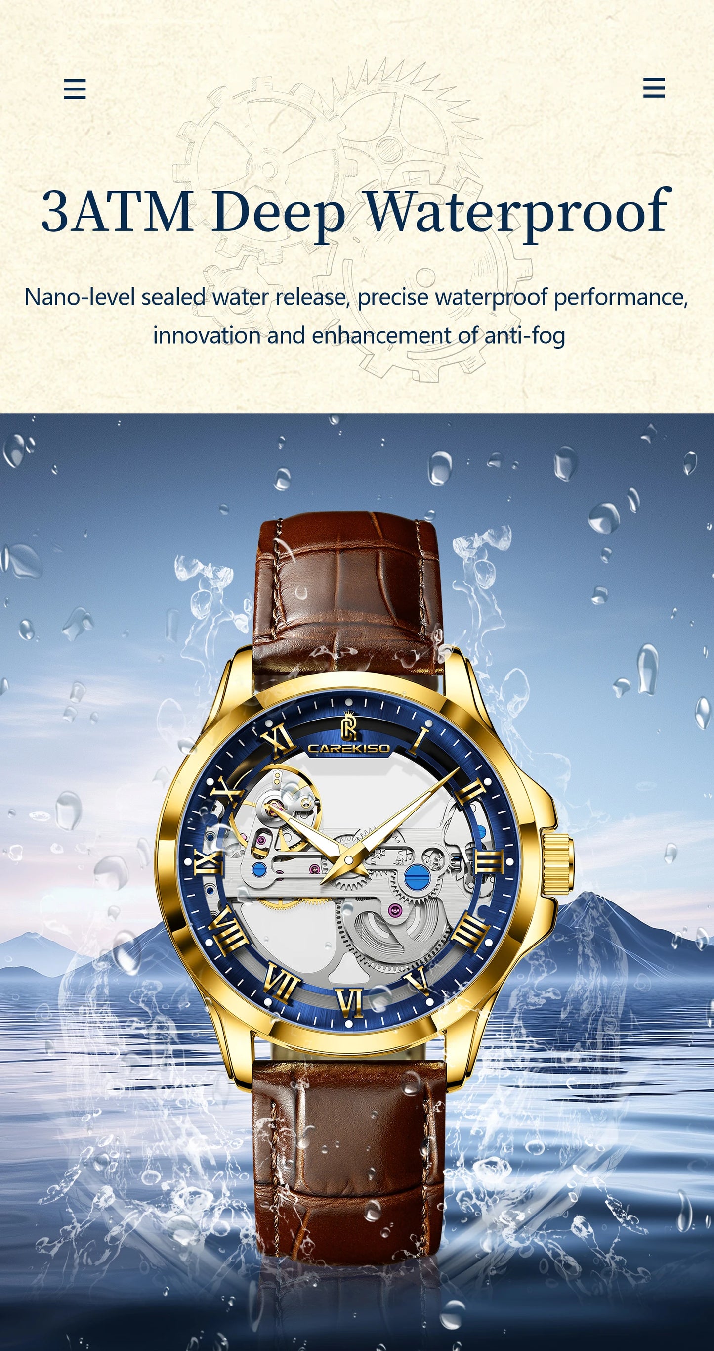 CAREKISO Fashion Men's Watches Original Mechanical Leather Men Clock Waterproof Hollow Tourbillon Automatic Man Watch Reloj Male