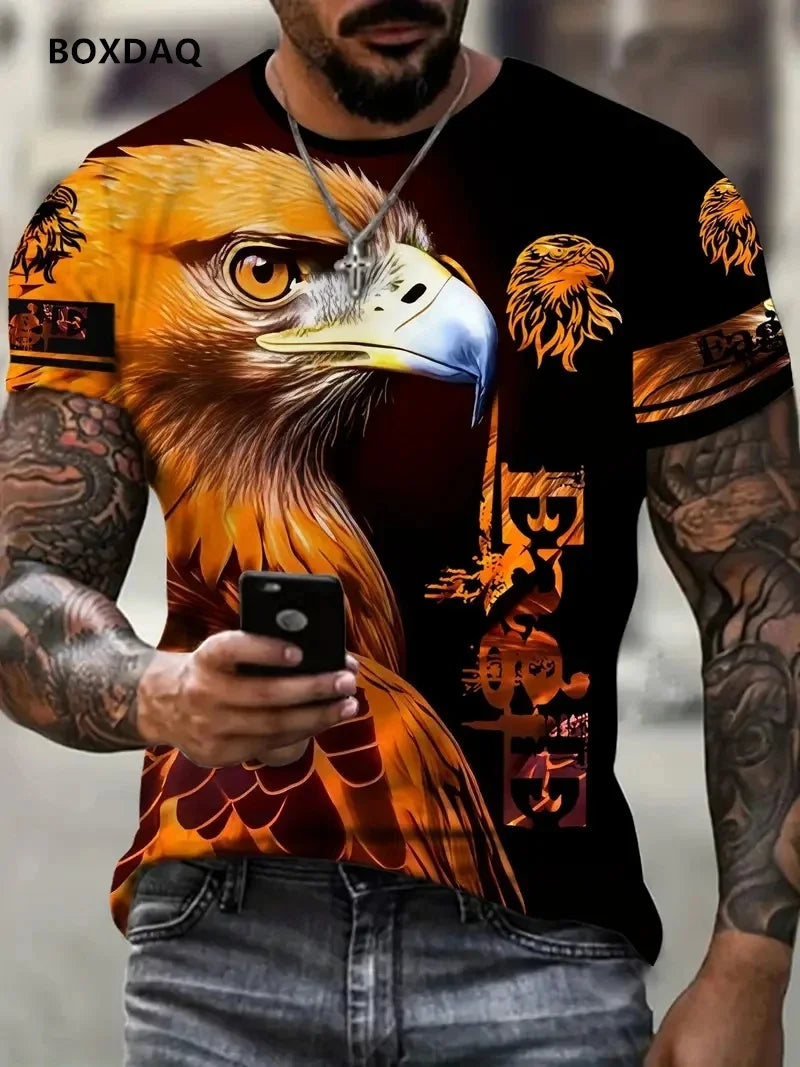 Fashion Eagle Herren-T-Shirts, locker, Rundhalsausschnitt, lässige Oberteile, Kurzarm, 3D-Tierprint, Street-T-Shirt, 6XL Übergröße, atmungsaktives Tee