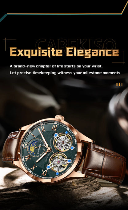 CAREKISO Fashion Men's Clock Double Hollow Tourbillon Automatic Mechanical Man Watch Waterproof Luminous Leather Men's Watches+Box