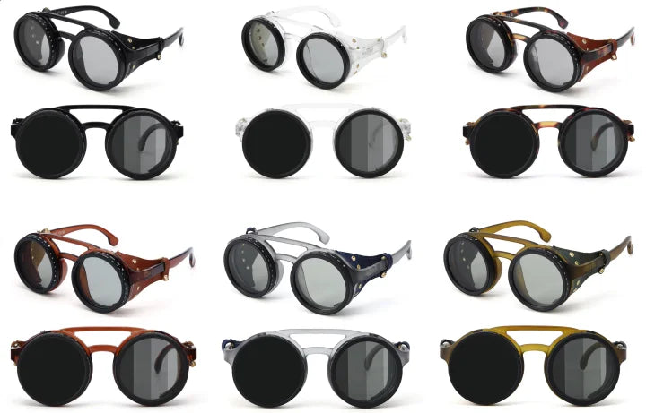 Adjustable 9-Gear ND Filter Steampunk Sunglasses UV400 Round Retro Punk Sun Glasses with Side Shields Leather Patch for Men Wome