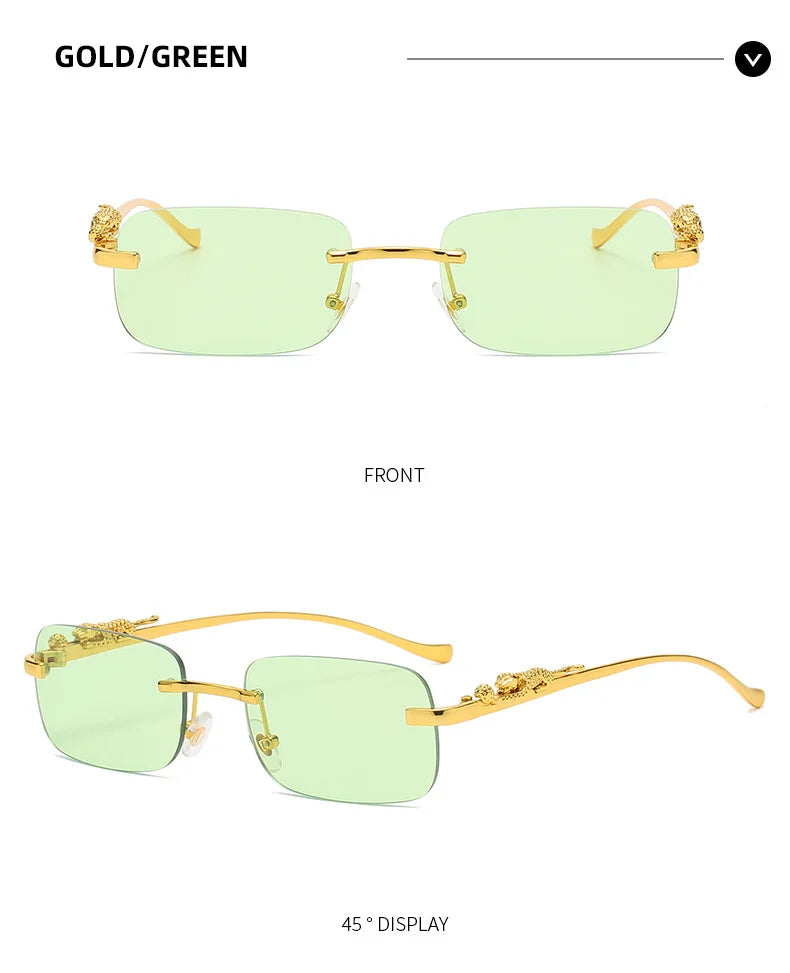 New Rimless Rectangle Vintage Metal Leopard Head Sunglasses Fashion Frameless Tinted Glasses Shades for Women Men