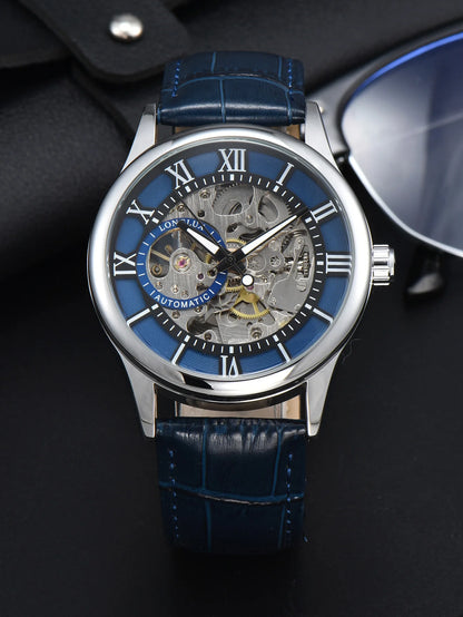 Automatikuhr für Herren, Luxusausführung, Zifferblatt mit römischen Ziffern, sichtbares Uhrwerk (Skelett), wasserdicht, leuchtende Zeiger, Lederarmband – Eine ideale Wahl als Geschenk.