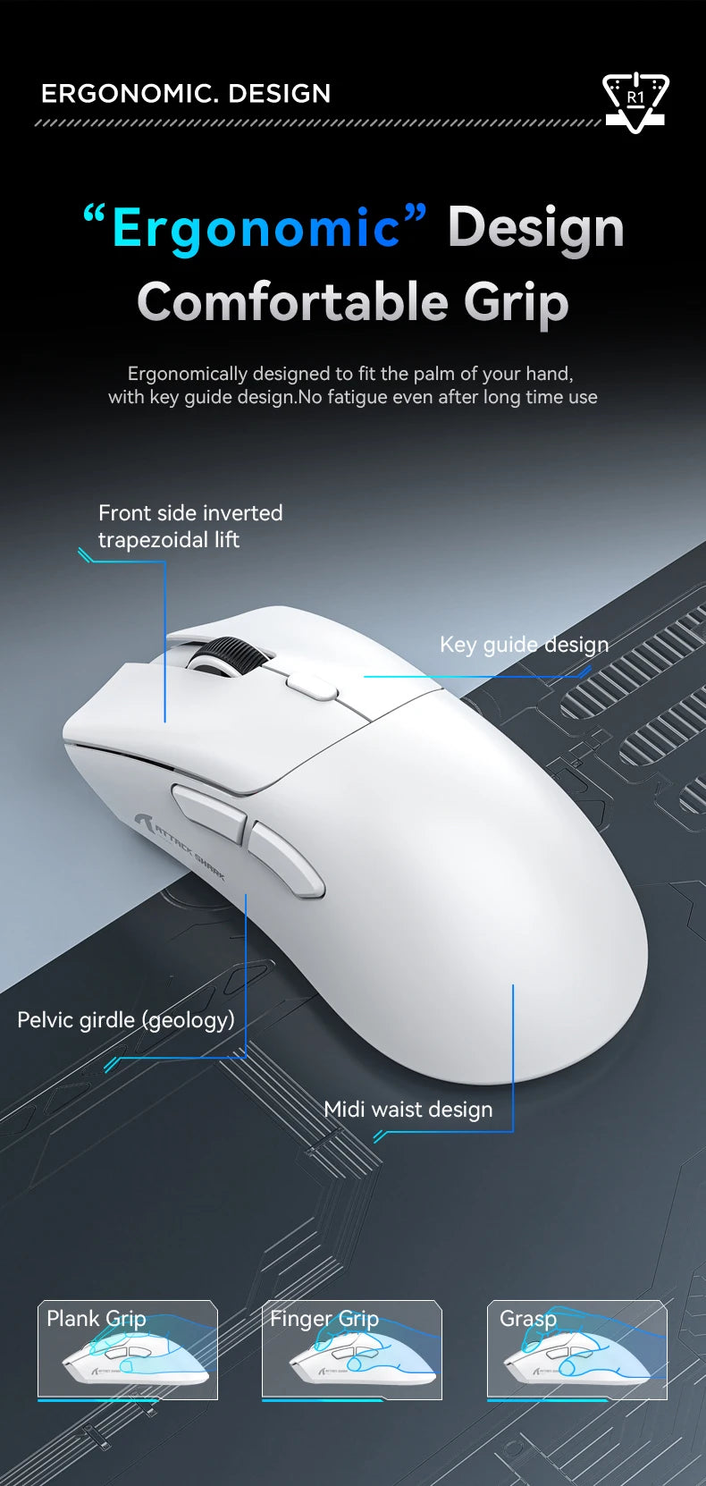 Attack Shark R1 Wireless Gaming Mouse Tri Mode 2.4G Bluetooth Wired 18K DPI 1000Hz PAW3311 Sensor 59g Lightweight Rechargeable