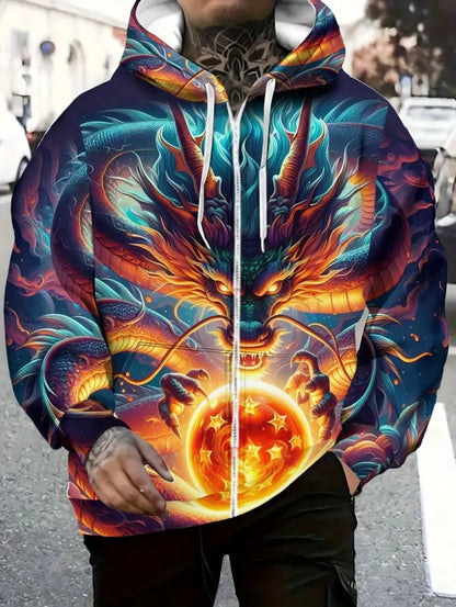 Herren-Kapuzenhoodie mit Drachenprint und Reißverschluss, für Outdoor-Aktivitäten und Reisen, mit Kordelzug, langärmelig, Herbst/Winter, Oversize-Sweatshirt für Männer