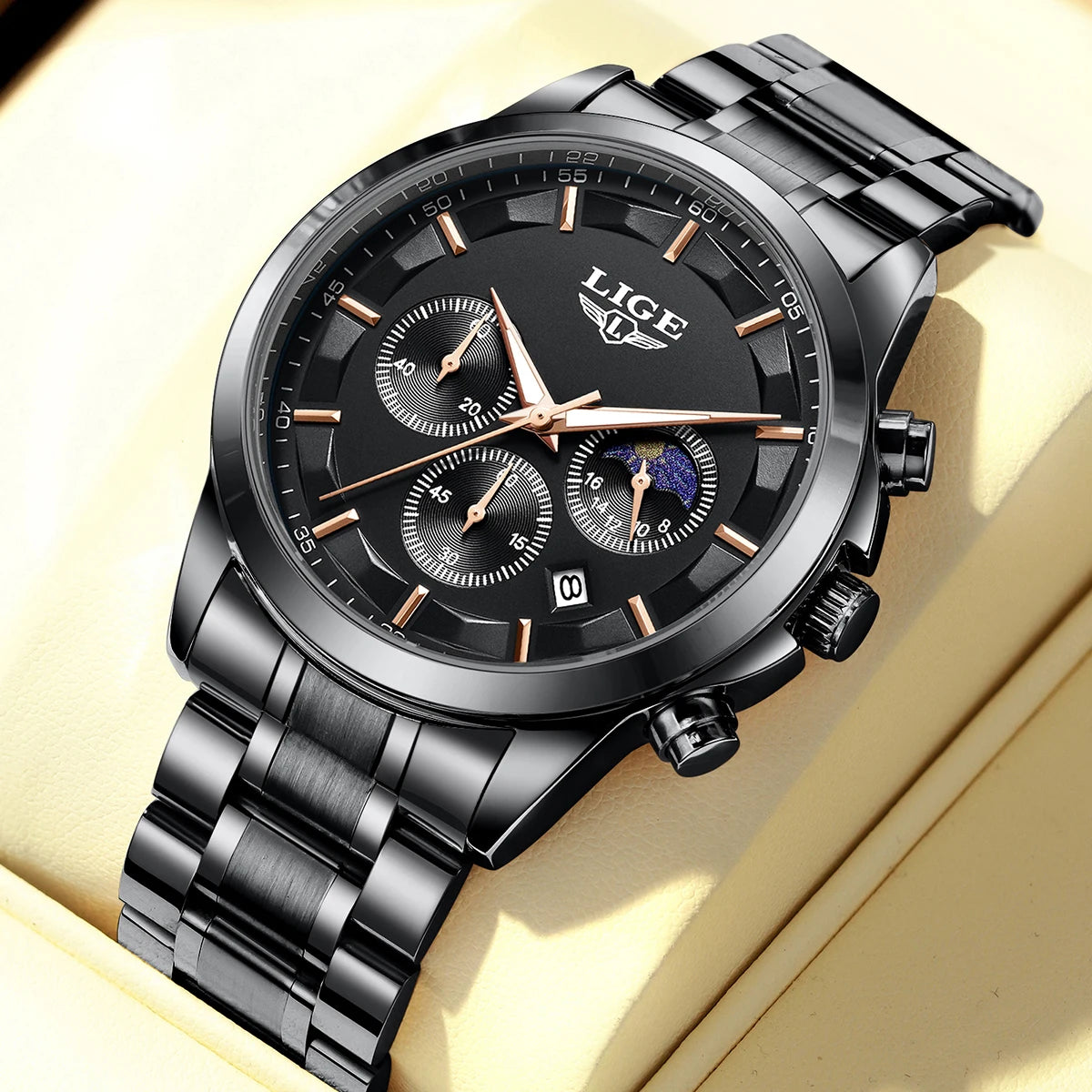Orologio da uomo LIGE – Cronografo al quarzo di lusso, impermeabile (3 bar), con lancette luminescenti