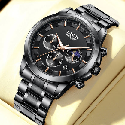 Orologio da uomo LIGE – Cronografo al quarzo di lusso, impermeabile (3 bar), con lancette luminescenti