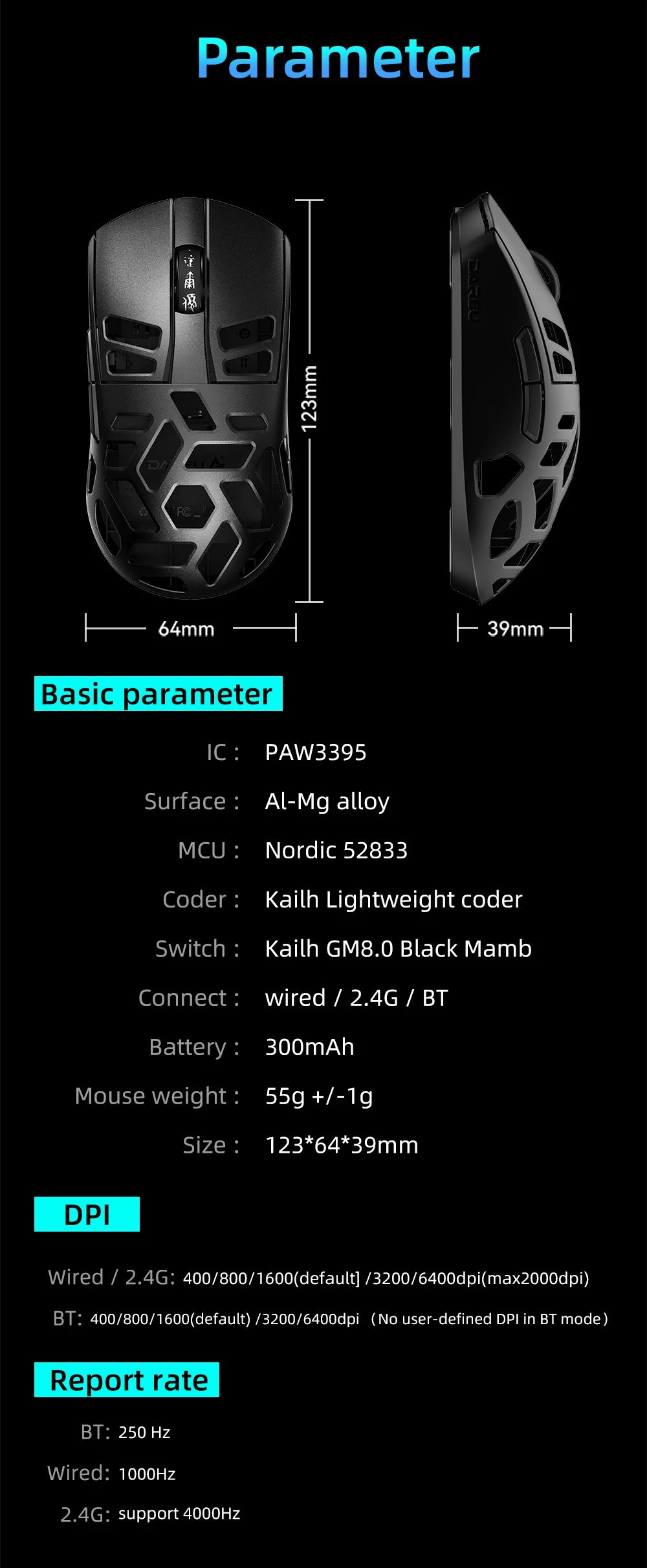 Ratón gaming inalámbrico DAREU Al-mg trimodo 8Khz PBT con carga rápida, PAW3950, 30000 DPI, ligero, para PC gamer