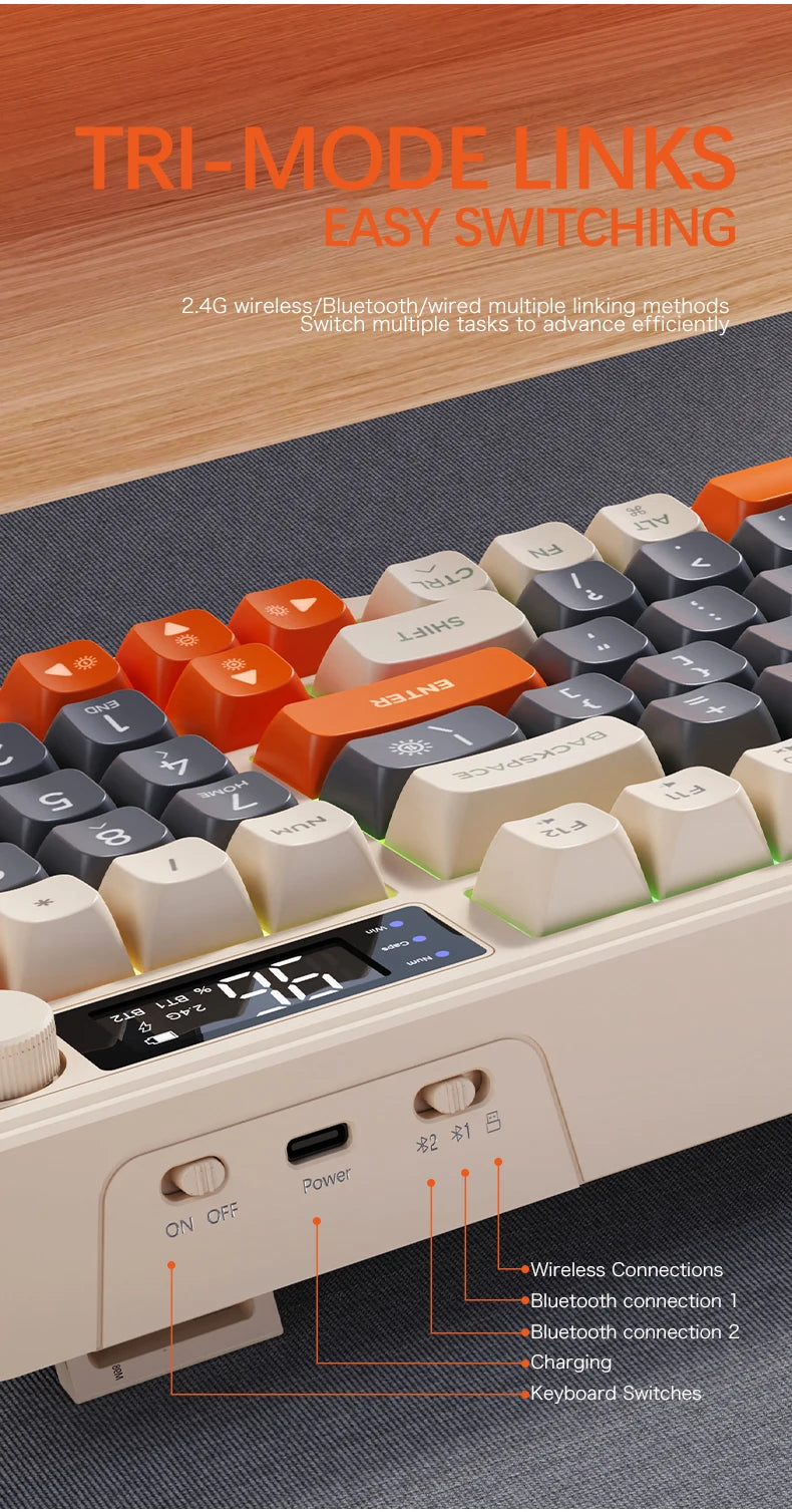 M96 Bluetooth Wireless Keyboard FREEWOLF Digital Display,RGB Backlight,2000mAh Battery & PBT Keycaps for PC/Laptop