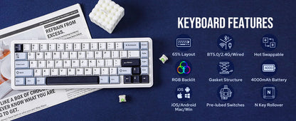 Teclado mecánico EPOMAKER x AULA F65 con distribución 65%, hot-swap, montaje gasket y conexión con cable/Bluetooth/inalámbrica 2.4G para Mac/Win