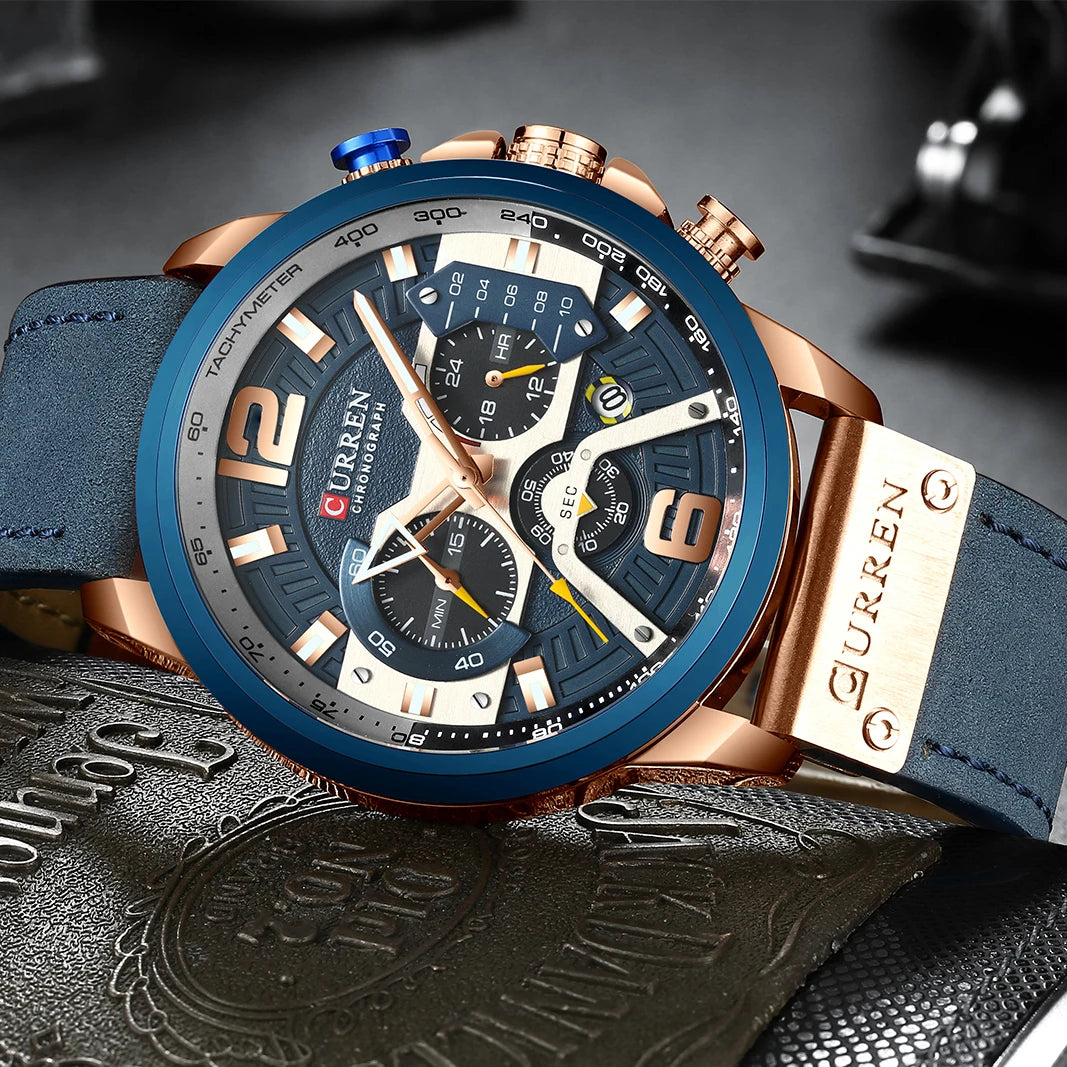 Ceas pentru bărbați CURREN 8329 – Stil sportiv casual, design militar, curea din piele, cronograf la modă, ceas de lux de la o marcă renumită