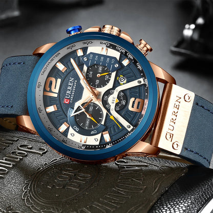 Ceas pentru bărbați CURREN 8329 – Stil sportiv casual, design militar, curea din piele, cronograf la modă, ceas de lux de la o marcă renumită