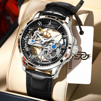 CAREKISO Fashion Men's Watches Original Mechanical Leather Men Clock Waterproof Hollow Tourbillon Automatic Man Watch Reloj Male