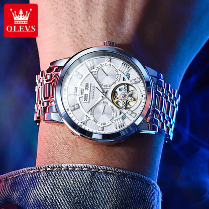 OLEVS Men's Watches Skeketon Flywheel Automatic Mechanical Original Wristwatch for Man Waterproof Luminous Perpetual Calendar