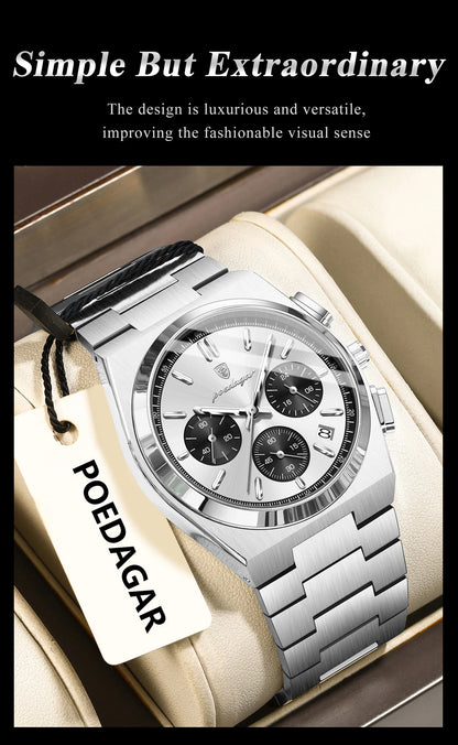 POEDAGAR Luxury Men's Watch Chronograph Date Stainless Steel Casual Man Clock Waterproof Luminous Fashion Quartz Watches For Men