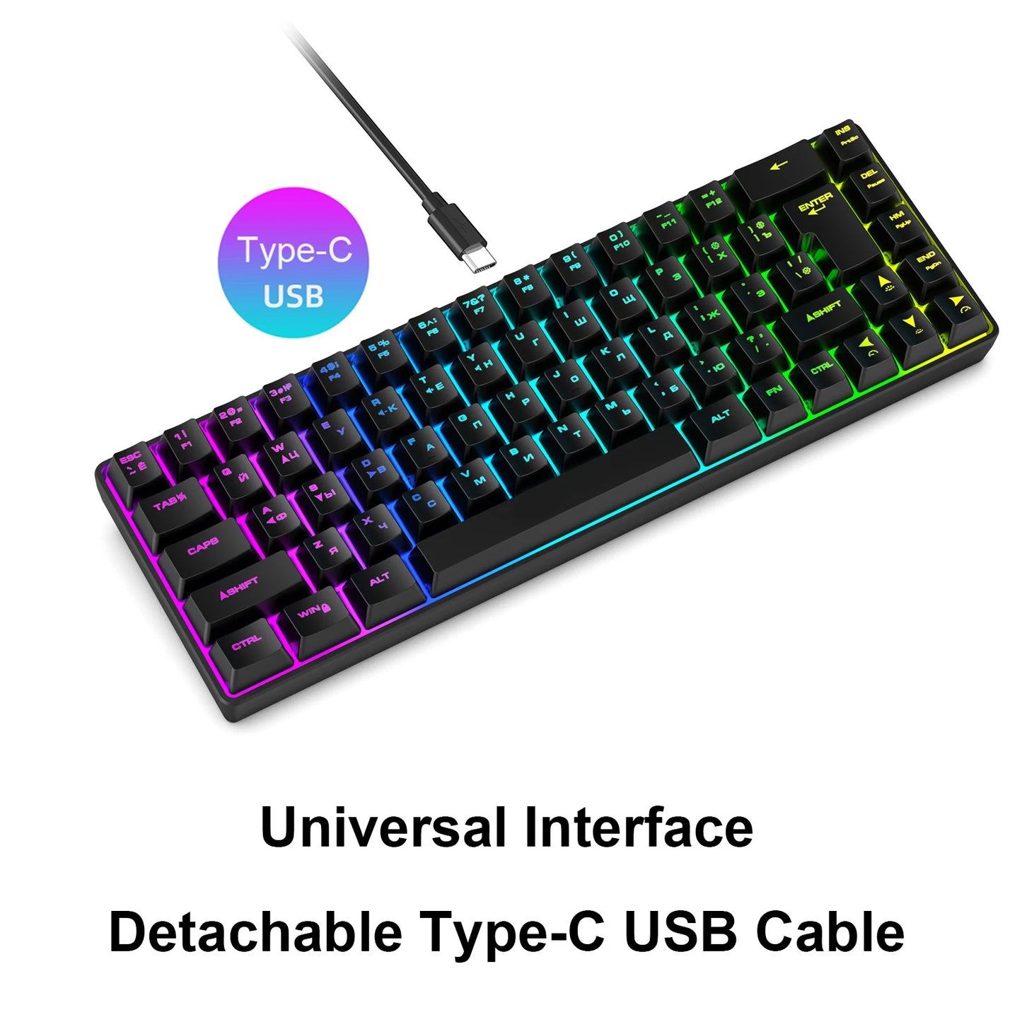 Mechanische Gaming-Tastatur mit 68 Tasten, Russisch/Englisch, zweisprachig, mit RGB-Hintergrundbeleuchtung fürs Gaming