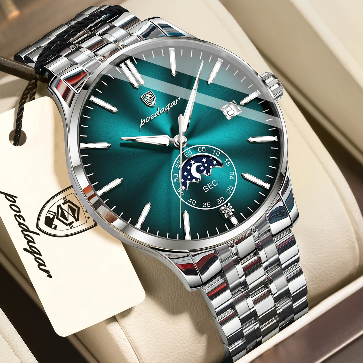 Montre homme de luxe POEDAGAR, style décontracté, en acier inoxydable, à quartz, étanche, lumineuse, avec date, élégante.