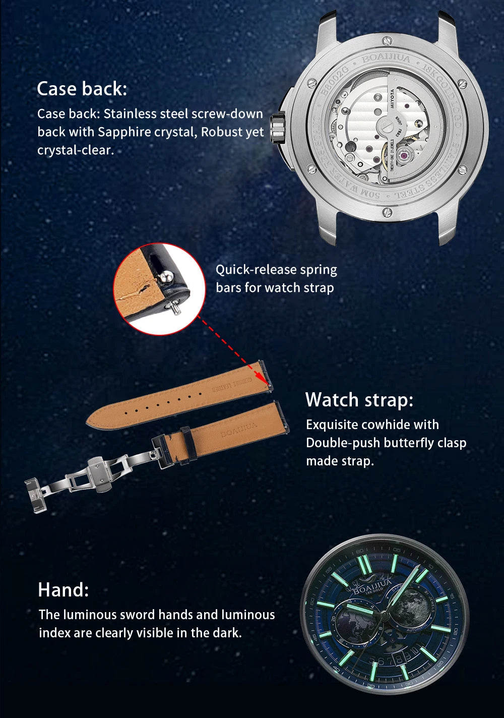 BORIAGE(BOAIJIUA) Fully Automatic Mechanical Men's Watch Original Design Mechanical Watches  Waterproof Luminous Wristwatch