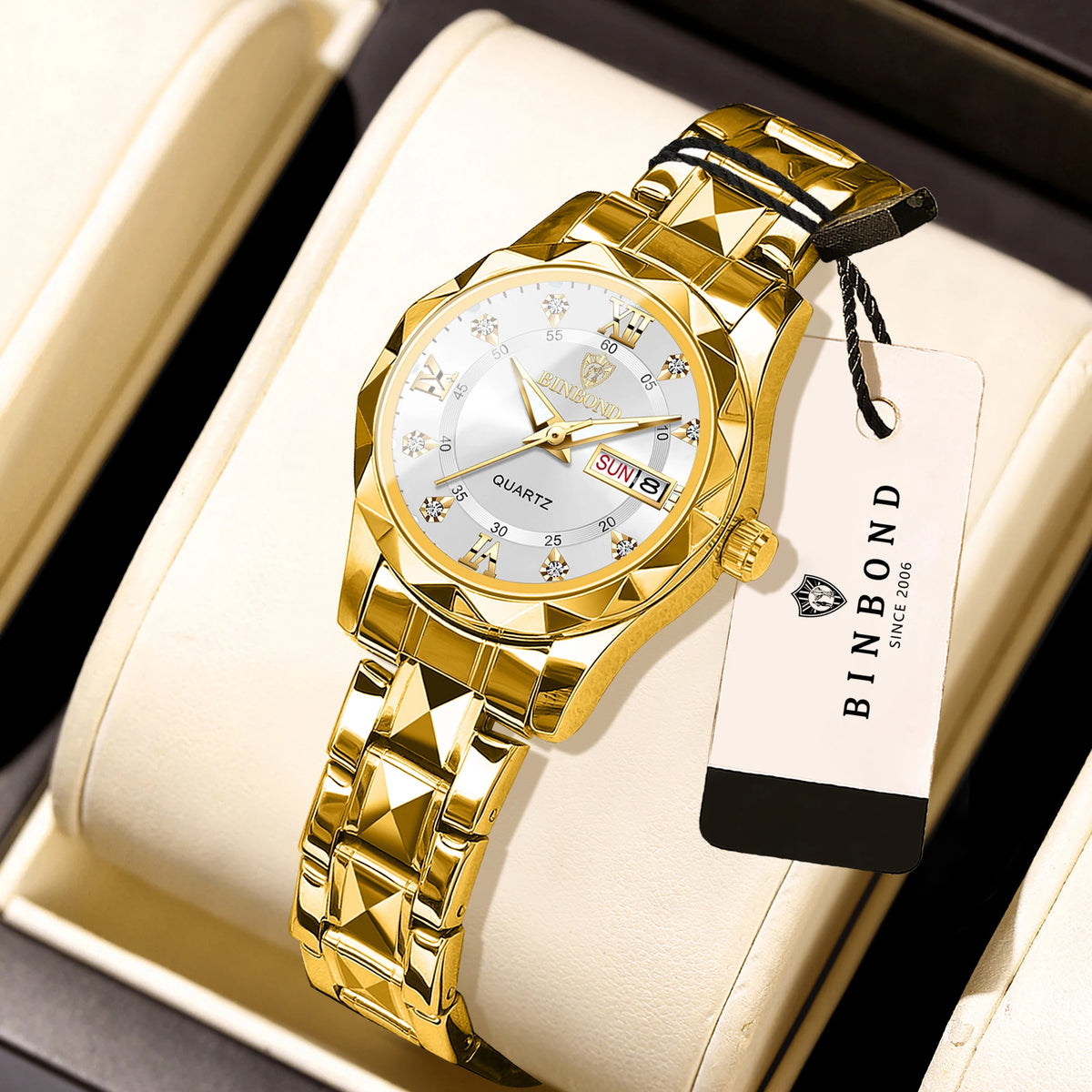 Montre pour femme BINBOND : montre à quartz robuste, luxueuse, luminescente et étanche, dotée d'un affichage précis de la date et du jour de la semaine.