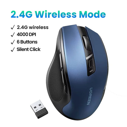 Bezdrátová myš UGREEN Bluetooth 5.0, ergonomická myš 4000 DPI se 6 tichými tlačítky pro MacBook, tablet, notebook, počítač PC, 2.4G myši