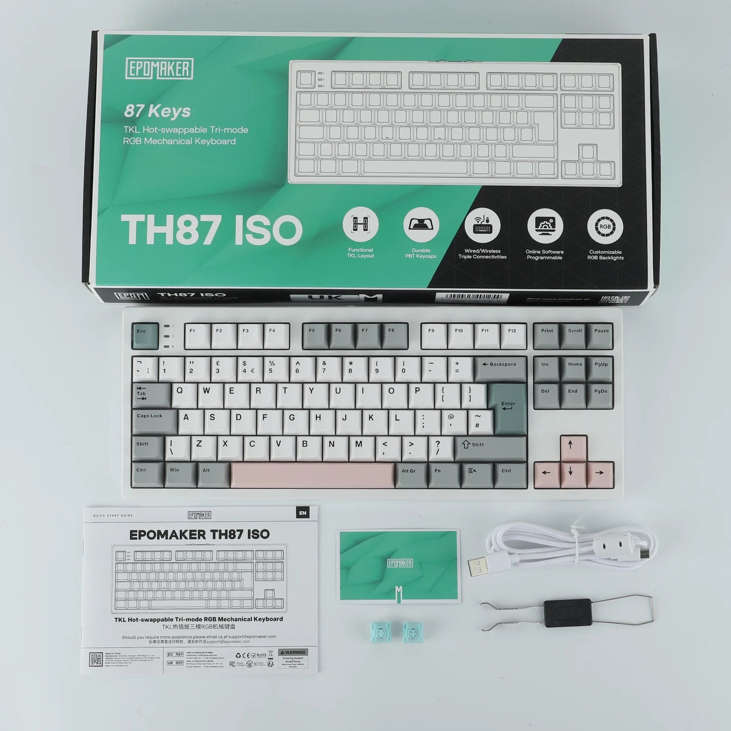 Layout ISO-UK EPOMAKER TH87 TKL Tastiera meccanica cablata/BT/wireless 2.4Ghz NKRO con batteria 10000mAh e illuminazione RGB
