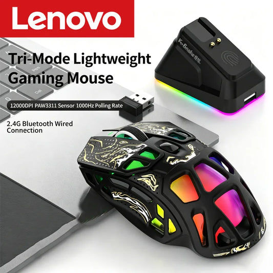 Lahka gaming miška Lenovo Tri-Mode z RGB polnilno postajo, 12000DPI, 2.4G/Bluetooth/žično, ergonomska miška za PC in prenosnik