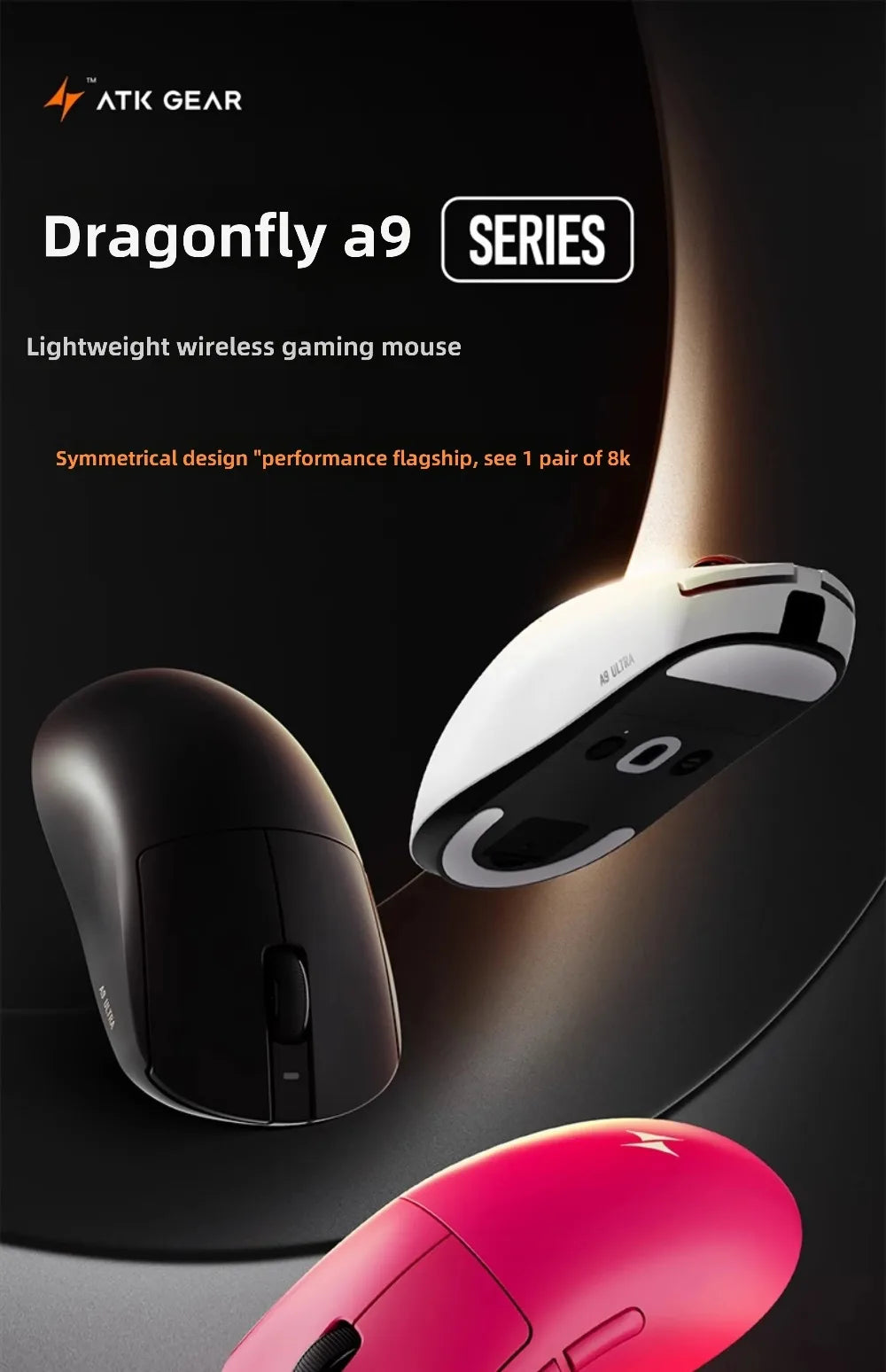 Ratón gaming inalámbrico Bluetooth ATK Dragonfly A9, diseño ergonómico, respuesta rápida, PAW3950 Ultra, 800mAh, ligero, 8KHz, esports