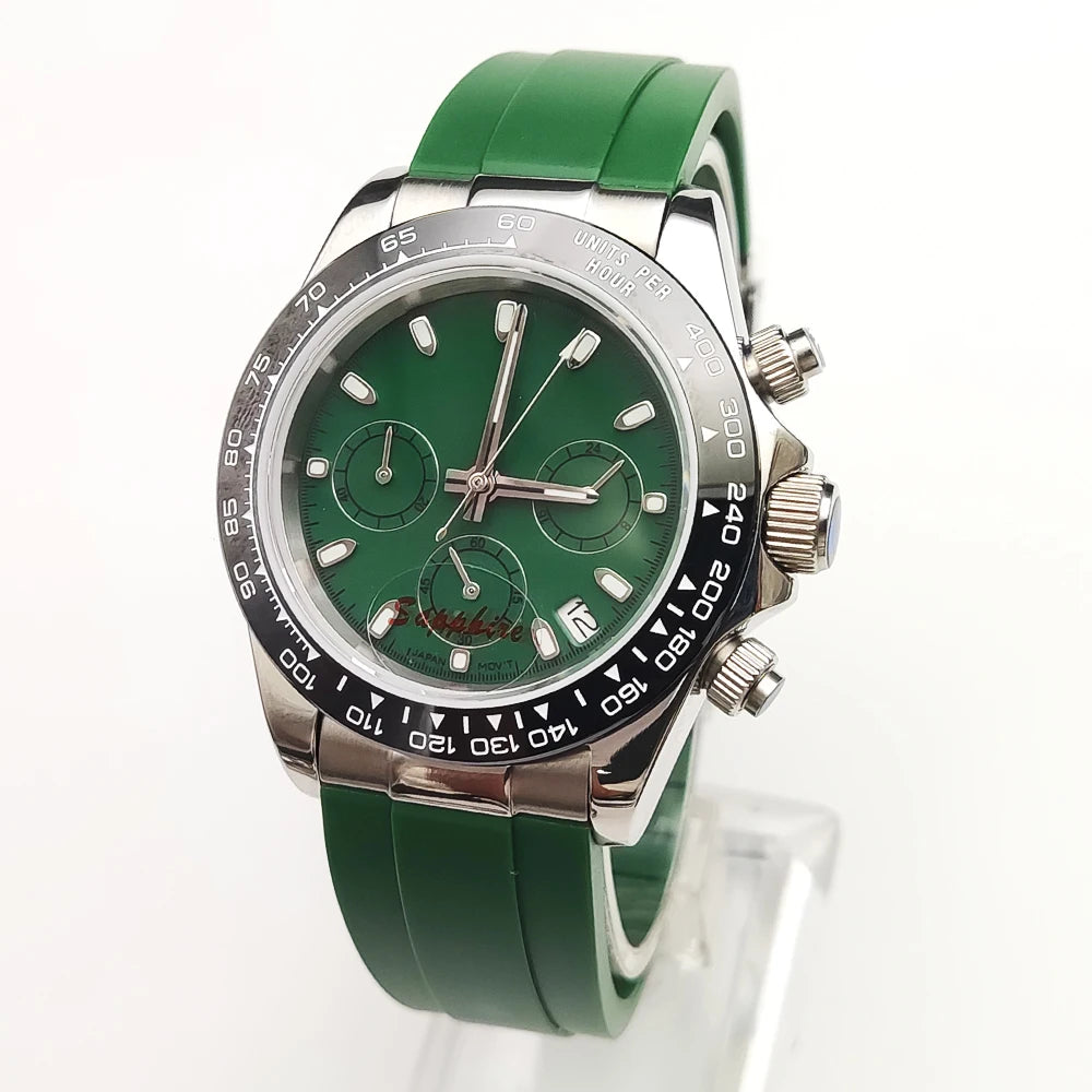 20 Color Business 39mm Quartz Watch Men's Timing Sapphire Crystal VK63 Movement Calendar Luminous Blue Dial Stainless Steel Strap