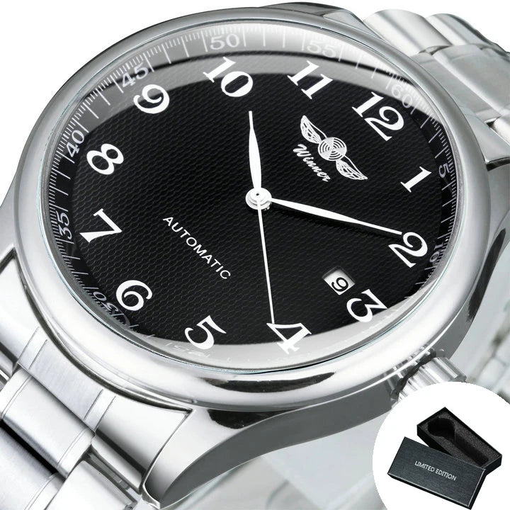 Herrenuhr WINNER – Klassischer, retro-eleganter Stil – Mechanische Automatikuhr mit Kalender – Luxusmarke, Edelstahlgehäuse und Lederarmband