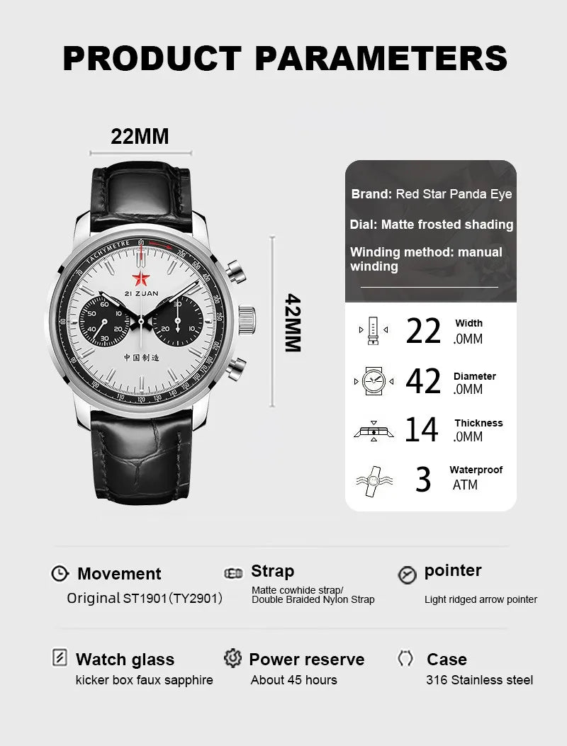 Red Star Panda Mens 1963 Chronograph Mechanical Wristwatch Seagull st1901 Movement Gooseneck 40mm Luminous Sapphire Pilot Watch