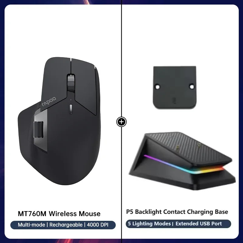 Rapoo MT760/MT760Mini Multi-mode Rechargeable Wireless Bluetooth Mouse Ergonomic 4000 DPI Support Up to 4 Devices Office Mice