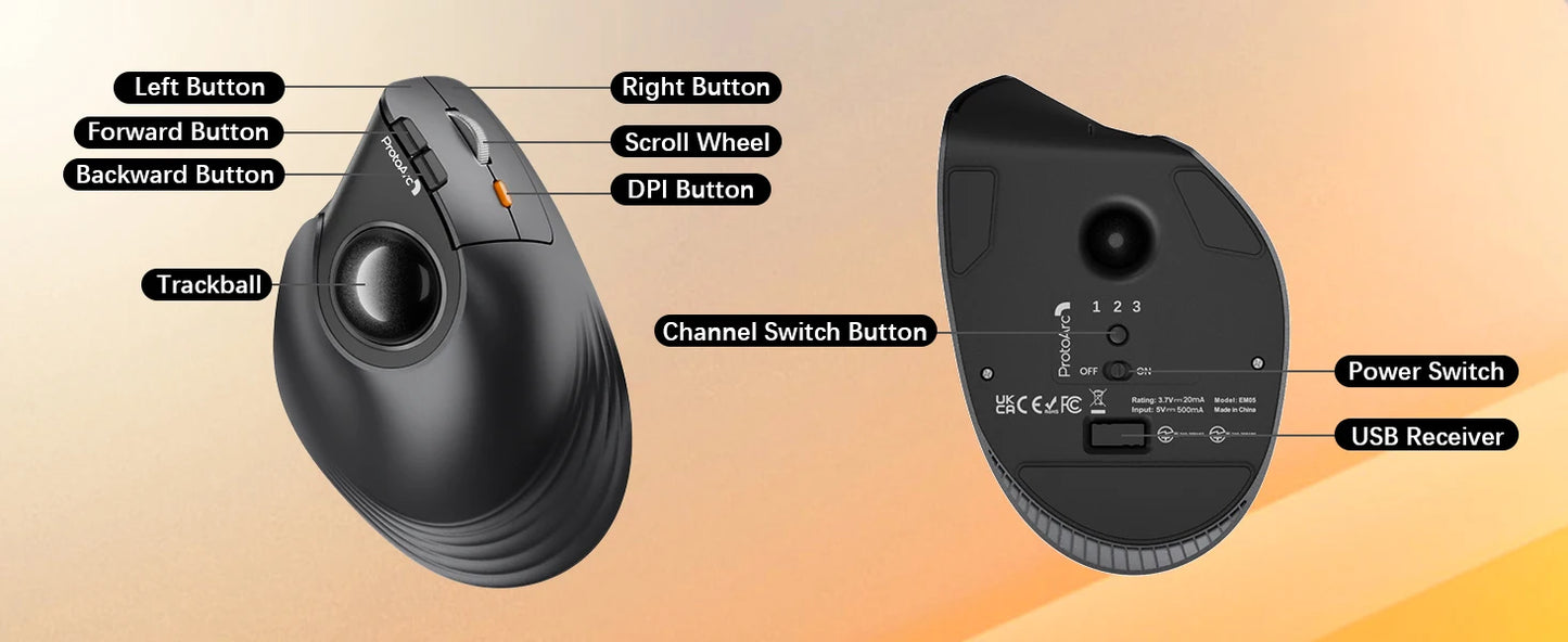 ProtoArc EM05NLWireless Trackball Mouse Rechargeable Bluetooth Ergonomic Vertical Rollerball Mouse for Computer iPad Mac Windows