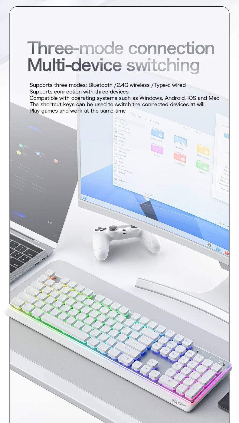 Freewolf M104 Tri-Mode Wireless Keyboard RGB 104 Keys Ultra Slim Quiet Membrane 4000mAh Large Battery for Office&Home