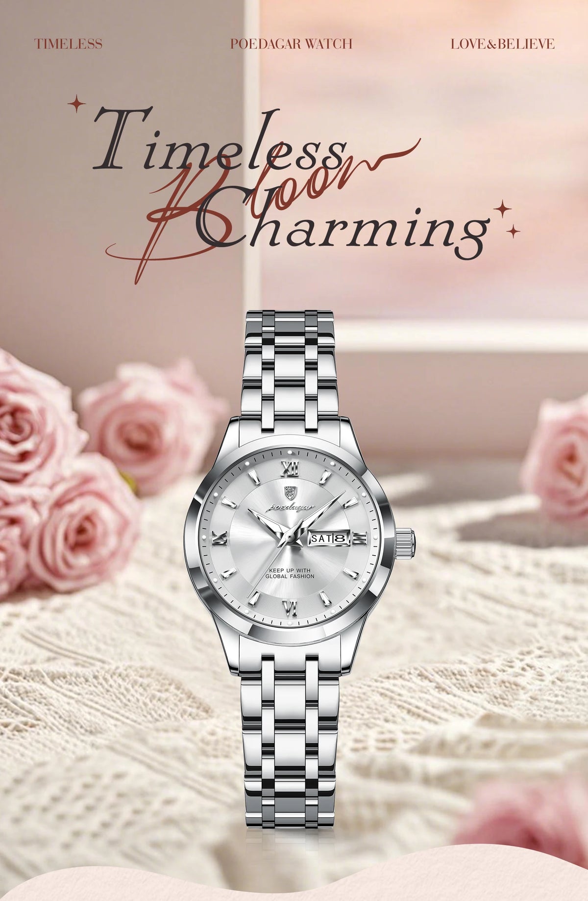 POEDAGAR Luxury Elegant Woman's Watches Luminous Waterproof Stainless Steel Ladies Wristwatch Quartz Week Date Women Watch Reloj