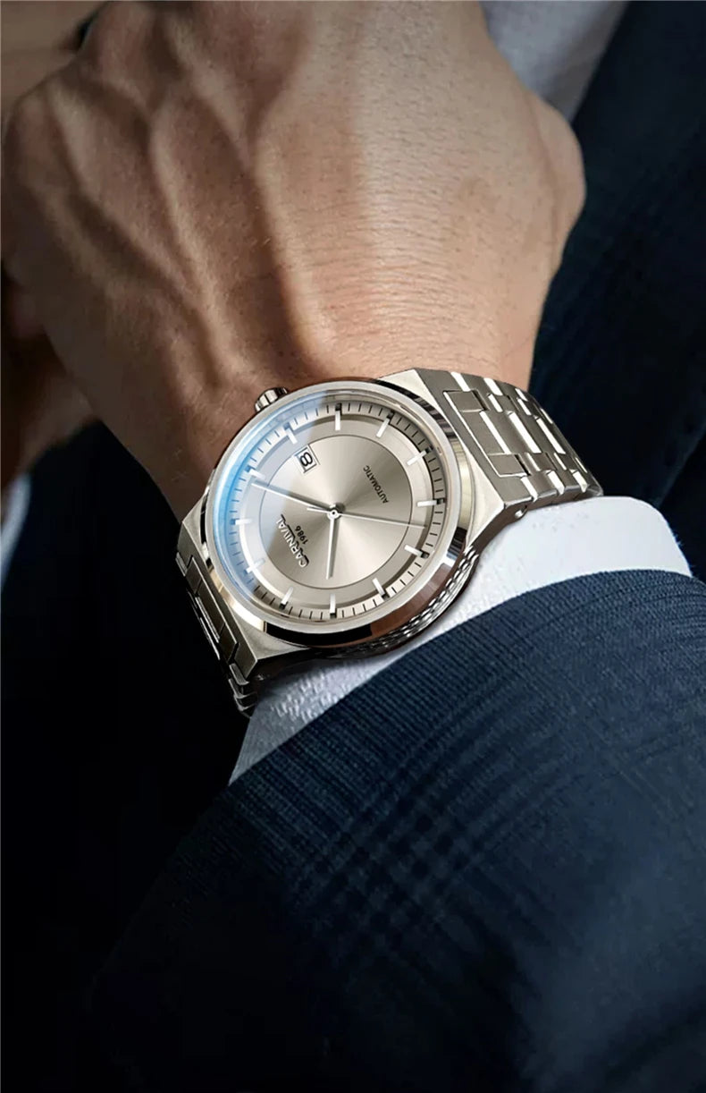 Luxe mechanisch herenhorloge Reloj CARNIVAL van wolfraam, automatisch uurwerk MIYOTA 8205, waterdicht.