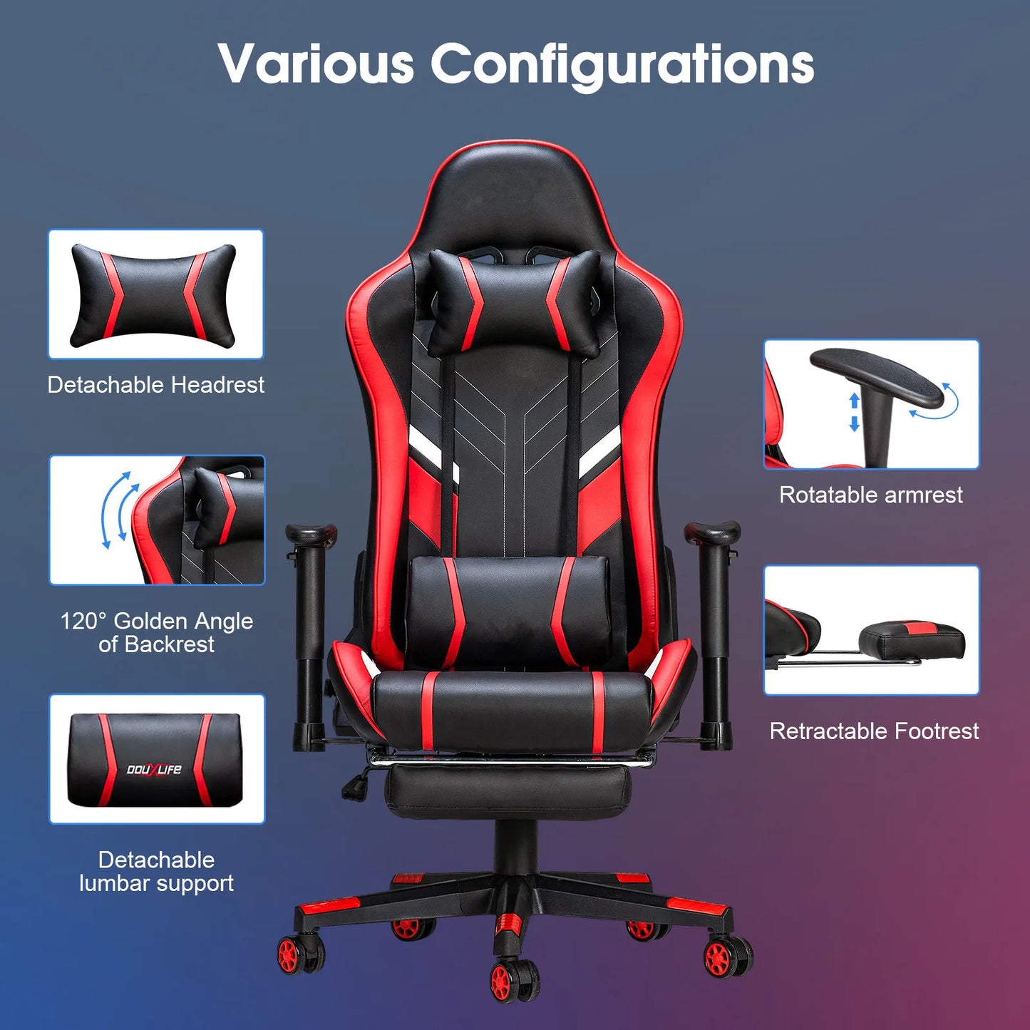 GC-RC03 Massage Gaming Chair 7-Point Adjustable Seat Height Ergonomic Office Chair with Footrest and Lumbar for Home Office
