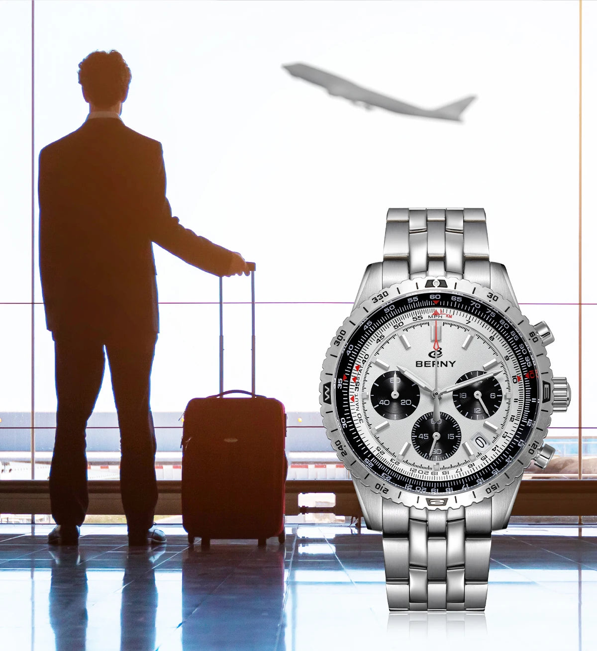 BERNY Chronograph Watches for Men Aviation Multifunction Quartz Men's Watch Date Sapphire Super Luminous Luxury Wristwatch