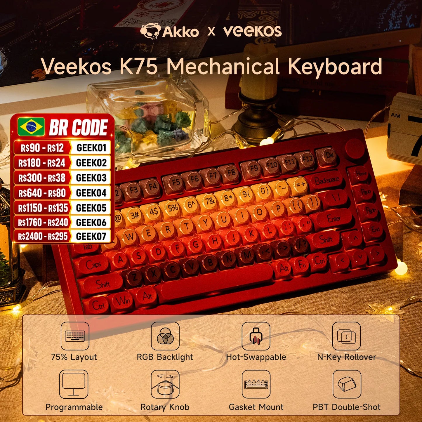 AKKO 5075 X Veekos K75 Gaming Mechanical Keyboard 75% RGB 3/5-Pin Hot Swap Wired Customized Keyboard with Knob Gasket