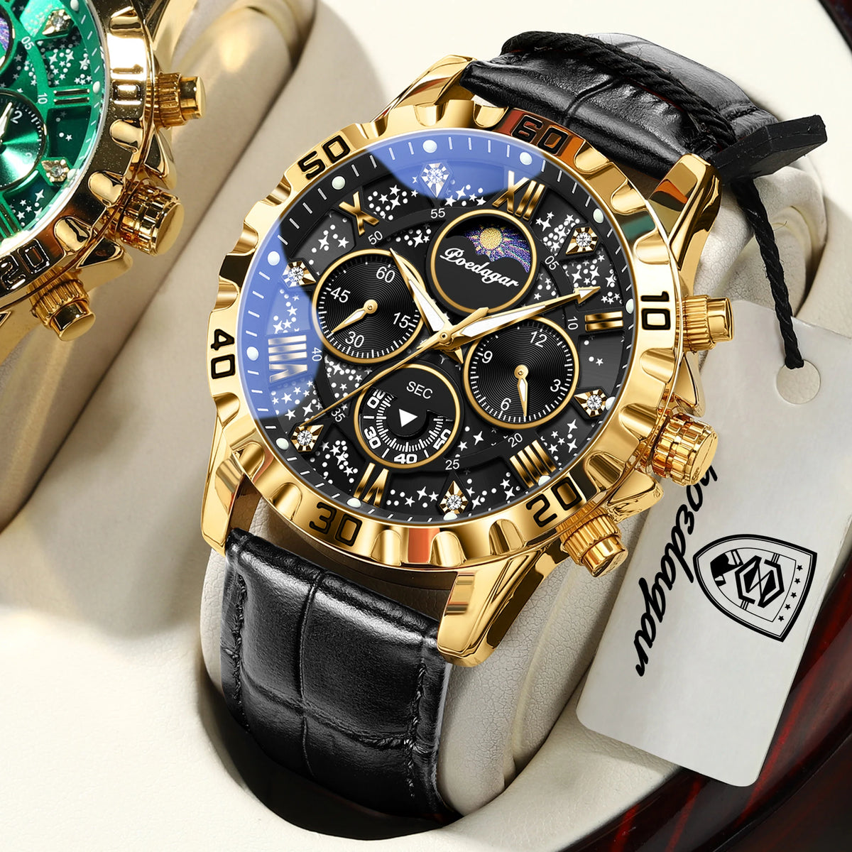 Luxus-Armbanduhr POEDAGAR für Herren – Sportlicher, wasserdichter und leuchtender Chronograph mit Lederarmband, Quarzwerk