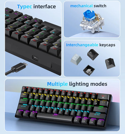 APAYADO K61 Mini 60% Gaming Keyboard 61-Key, Wired, Portable, RGB Lighting, Red/Blue Switch, Black/White/Red Colors