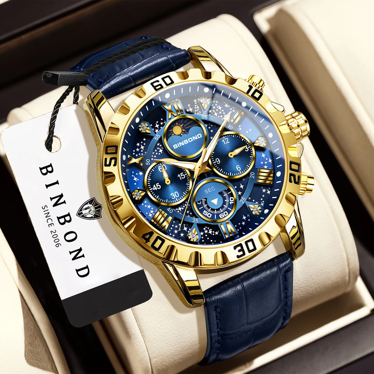 Montre-bracelet à quartz BINBOND authentique et précise pour homme, chronographe lumineux étanche de luxe avec bracelet en cuir.