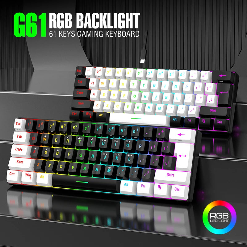Tastiera meccanica cablata 61 tasti bianca, switch nero e blu, impermeabile, RGB illuminata, kit gaming e ufficio PUBG gamer retroilluminato