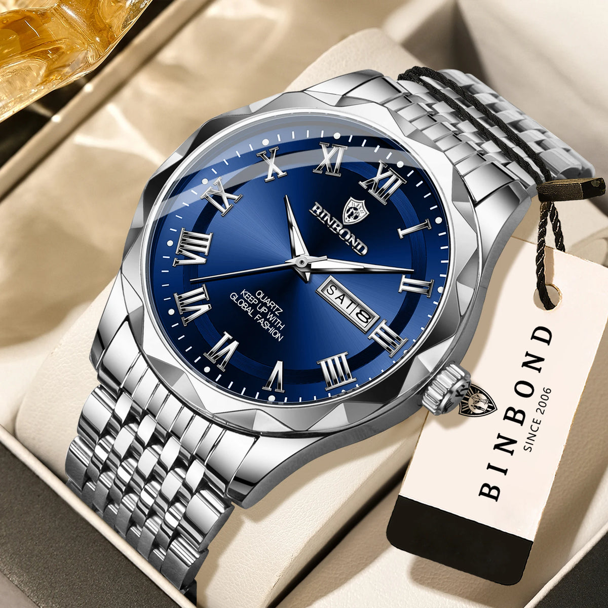 Luxe BINBOND Original Brand quartz-polshorloge voor heren, verlicht, waterdicht, automatische datum, weergave van de weekdag, casual stijl.