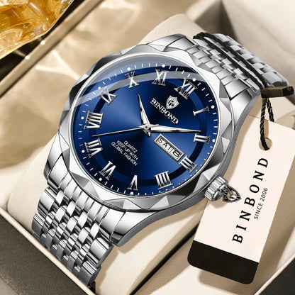 Luxe BINBOND Original Brand quartz-polshorloge voor heren, verlicht, waterdicht, automatische datum, weergave van de weekdag, casual stijl.