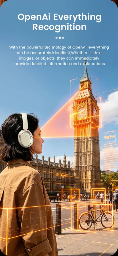 Casque audio supra-auriculaire intelligent avec caméra HD 8MP, reconnaissance d'objets par IA, traduction par IA, casque Bluetooth pour les voyages et les études