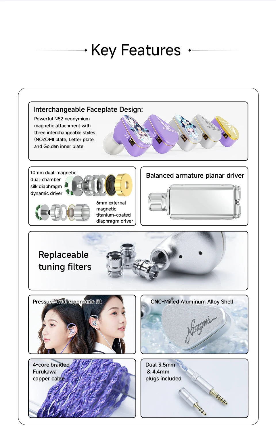 CVJ NOZOMI Wired Hybrid Earphones 2DD+1PD Triple Driver In-Ear Monitors, Planar Magnetic Earbuds with Interchangeable Faceplates for Music & Gaming