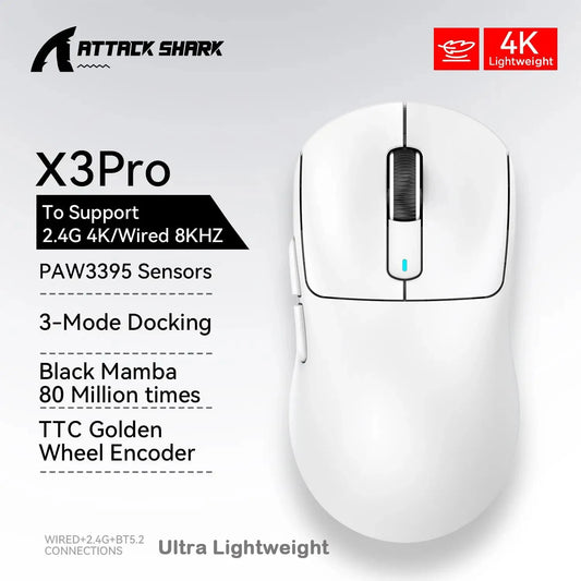 Brezžična gaming miška ATTACK SHARK X3/X3PRO 4K/8K, 26K DPI, trinačinski način (žično/2.4GHz/BT5.2), lahka, senzor PAW3395 za igralce